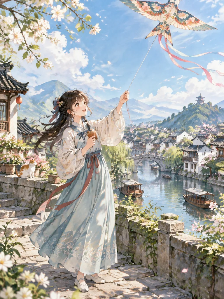 《纸鸢与风》水彩小镇风筝主题示意图